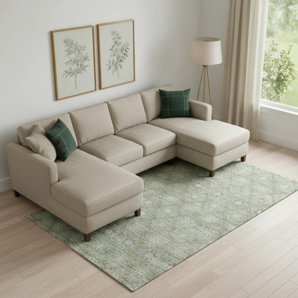 HomeRoots 9' X 12' Artichoke Green Geometric Area Rug - Washable, UV Protected, Perfect for High-Traffic Spaces 706024