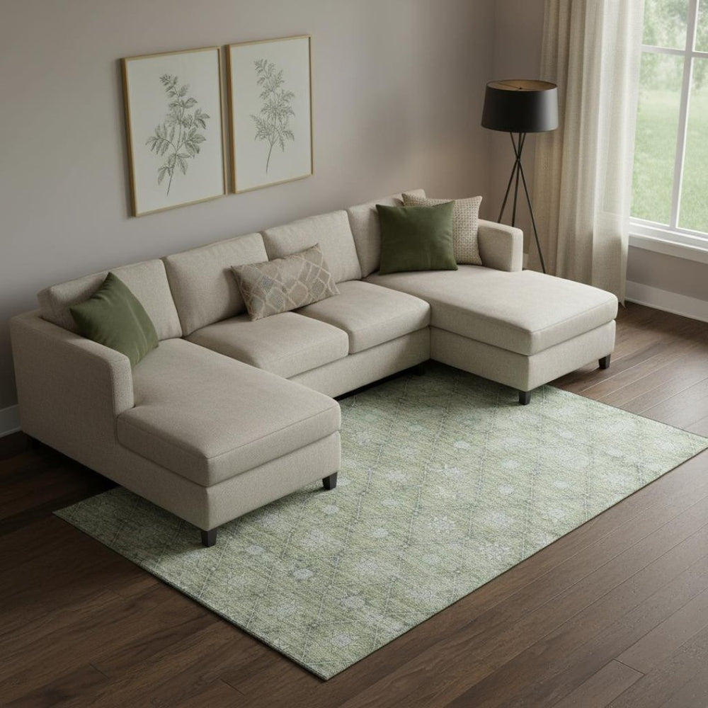 HomeRoots 10' Stylish Artichoke Green & Beige Geometric Washable Area Rug with UV Protection for High-Traffic Homes 706025