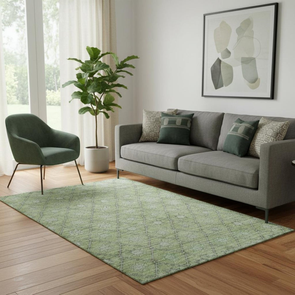 HomeRoots 5' X 8' Green and Gray Geometric Area Rug - Washable, UV-Protected, Durable for Kids & Pets 706027