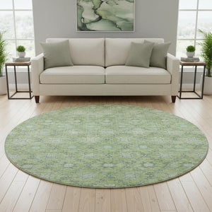 HomeRoots 8' Green and Gray Geometric Round Rug - Washable, UV Resistant, Non-Slip, Ideal for High-Traffic Areas 706028