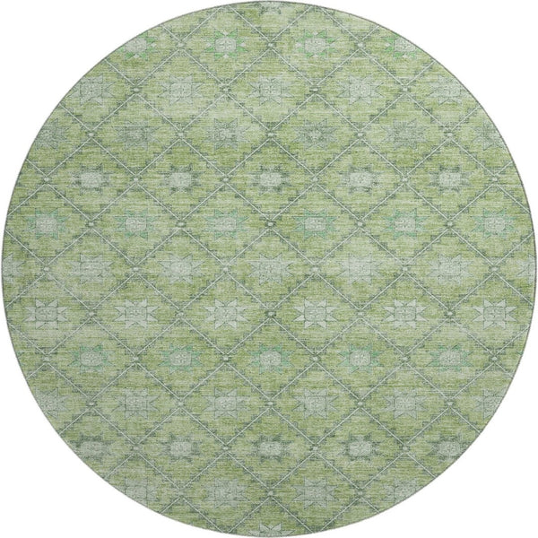 HomeRoots 8' Green and Gray Geometric Round Rug - Washable, UV Resistant, Non-Slip, Ideal for High-Traffic Areas 706028