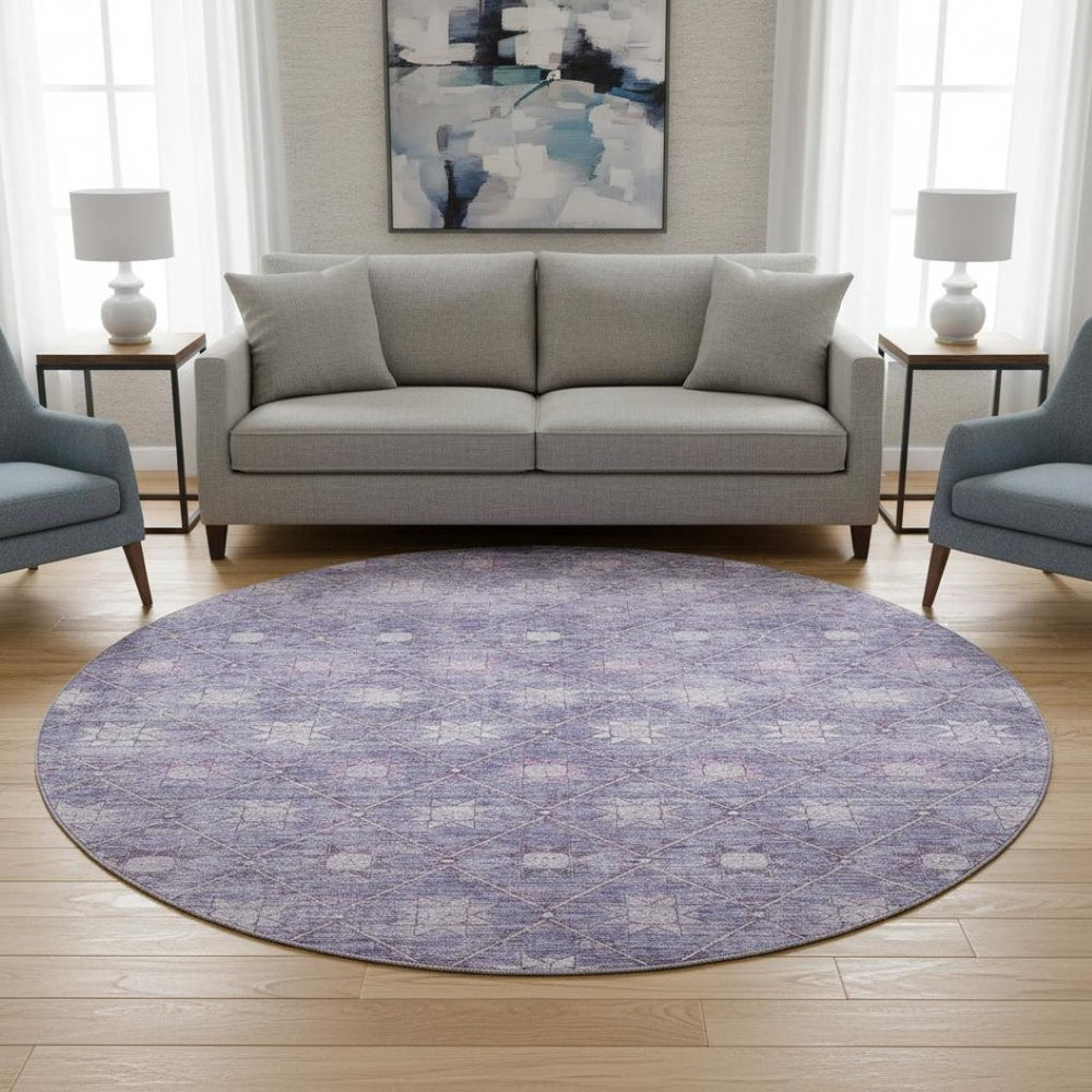 HomeRoots 8' Stylish Purple & Ivory Geometric Washable Round Rug with UV Protection for High-Traffic Areas 706034