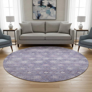 HomeRoots 8' Stylish Purple & Ivory Geometric Washable Round Rug with UV Protection for High-Traffic Areas 706034