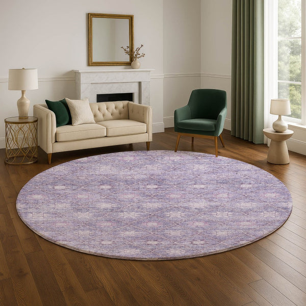 HomeRoots 8' Stylish Purple & Ivory Geometric Washable Round Rug with UV Protection for High-Traffic Areas 706034