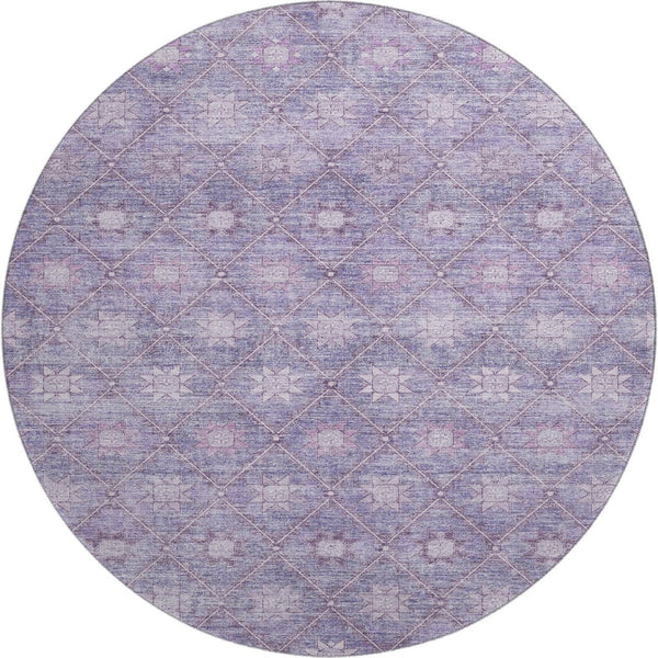 HomeRoots 8' Stylish Purple & Ivory Geometric Washable Round Rug with UV Protection for High-Traffic Areas 706034