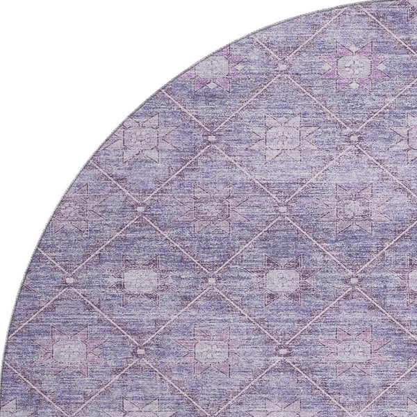 HomeRoots 8' Stylish Purple & Ivory Geometric Washable Round Rug with UV Protection for High-Traffic Areas 706034