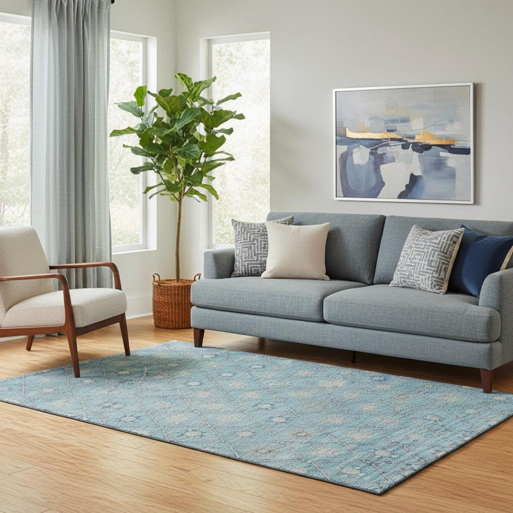 HomeRoots 5' Teal and Gray Geometric Washable Area Rug with UV Protection – Stylish, Durable, and Easy Care! 706039