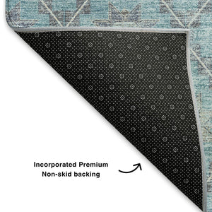 HomeRoots 5' Teal and Gray Geometric Washable Area Rug with UV Protection – Stylish, Durable, and Easy Care! 706039