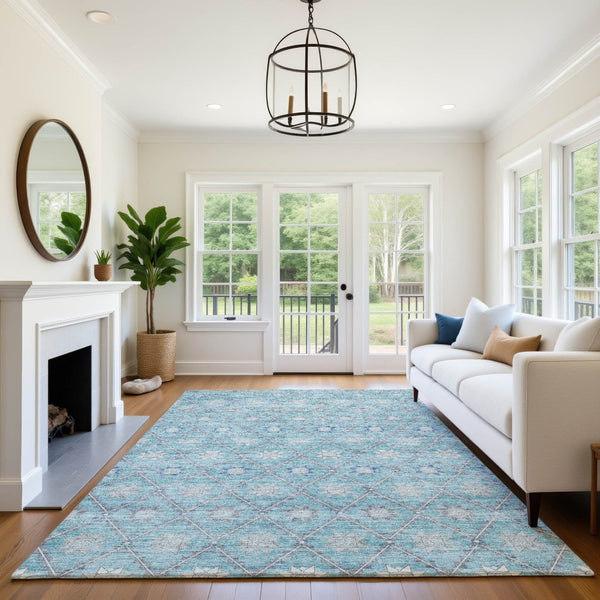 HomeRoots 5' Teal and Gray Geometric Washable Area Rug with UV Protection – Stylish, Durable, and Easy Care! 706039