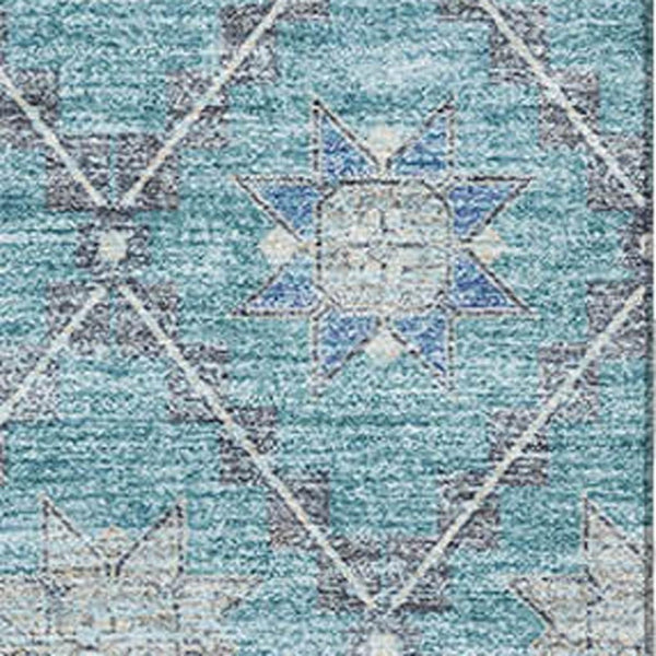 HomeRoots 5' Teal and Gray Geometric Washable Area Rug with UV Protection – Stylish, Durable, and Easy Care! 706039