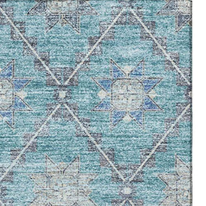 HomeRoots 5' Teal and Gray Geometric Washable Area Rug with UV Protection – Stylish, Durable, and Easy Care! 706039