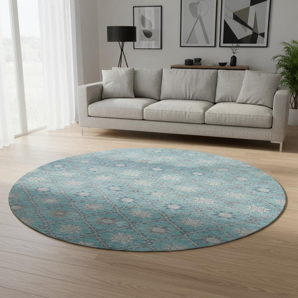 HomeRoots 8' Teal and Gray Geometric Washable Round Rug with UV Protection for Modern Homes & High Traffic Areas 706040