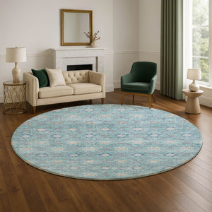 HomeRoots 8' Teal and Gray Geometric Washable Round Rug with UV Protection for Modern Homes & High Traffic Areas 706040