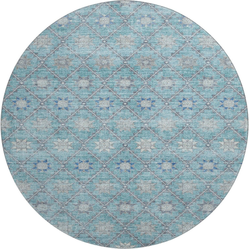 HomeRoots 8' Teal and Gray Geometric Washable Round Rug with UV Protection for Modern Homes & High Traffic Areas 706040