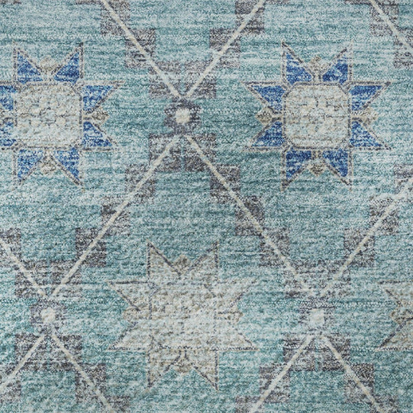 HomeRoots 8' Teal and Gray Geometric Washable Round Rug with UV Protection for Modern Homes & High Traffic Areas 706040