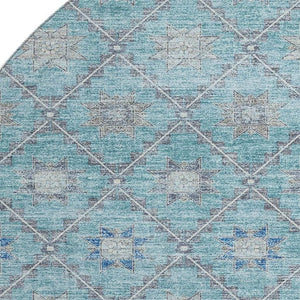 HomeRoots 8' Teal and Gray Geometric Washable Round Rug with UV Protection for Modern Homes & High Traffic Areas 706040