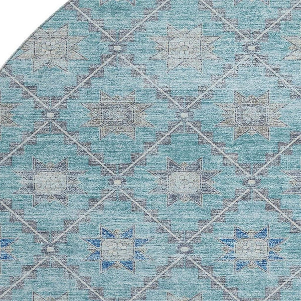 HomeRoots 8' Teal and Gray Geometric Washable Round Rug with UV Protection for Modern Homes & High Traffic Areas 706040
