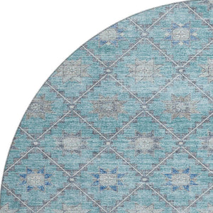 HomeRoots 8' Teal and Gray Geometric Washable Round Rug with UV Protection for Modern Homes & High Traffic Areas 706040