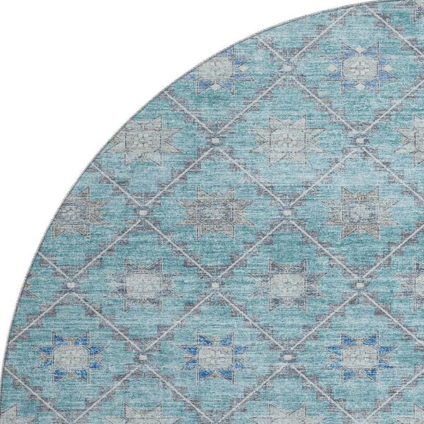 HomeRoots 8' Teal and Gray Geometric Washable Round Rug with UV Protection for Modern Homes & High Traffic Areas 706040
