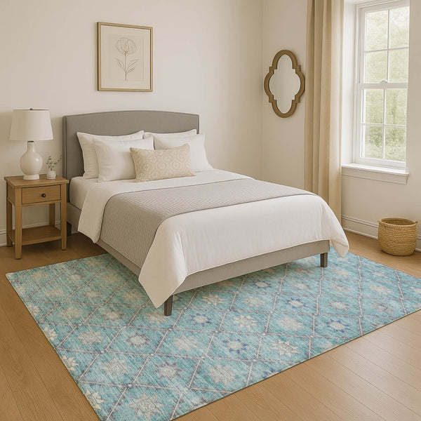 HomeRoots 8' X 10' Stylish Teal and Gray Geometric Area Rug - Washable, UV Protected, Stain Resistant Design! 706041
