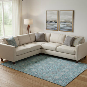HomeRoots 10' Geometric Teal and Gray Washable Area Rug - UV Protection, Stain Resistant, Modern Style for Home 706043
