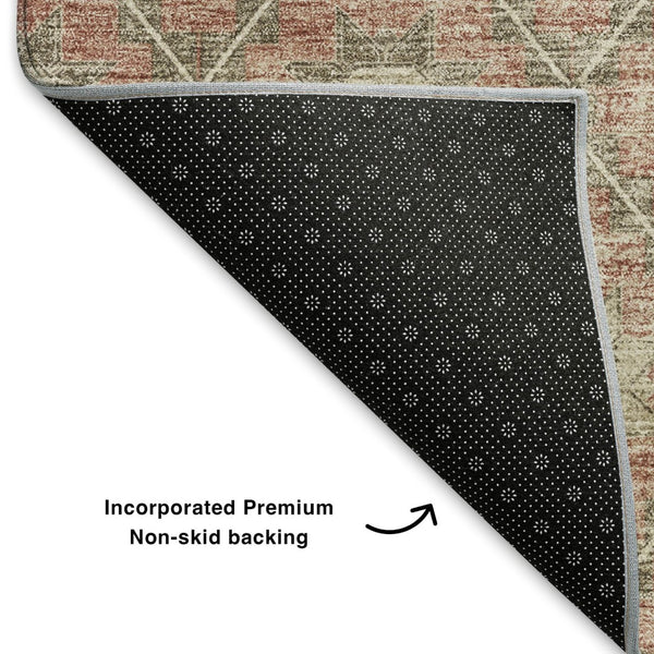 HomeRoots 5' X 8' Geometric Terra Cotta and Beige Washable Area Rug with UV Protection for Modern Homes 706045
