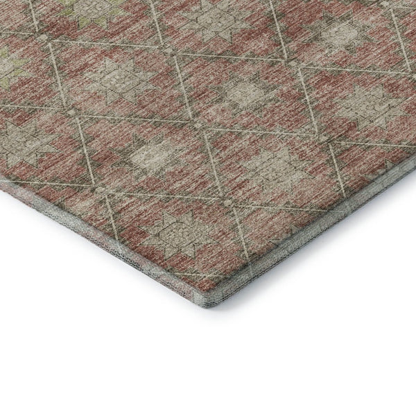 HomeRoots 5' X 8' Geometric Terra Cotta and Beige Washable Area Rug with UV Protection for Modern Homes 706045