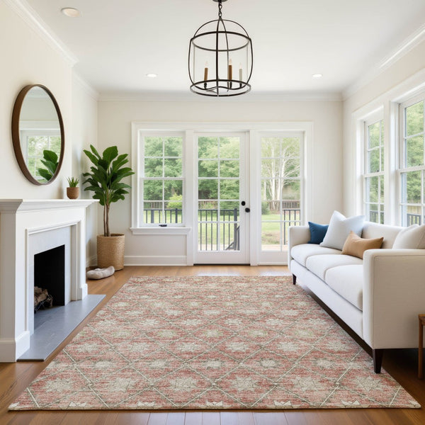 HomeRoots 5' X 8' Geometric Terra Cotta and Beige Washable Area Rug with UV Protection for Modern Homes 706045