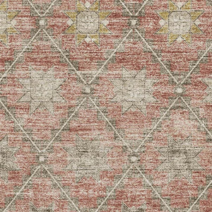 HomeRoots 5' X 8' Geometric Terra Cotta and Beige Washable Area Rug with UV Protection for Modern Homes 706045