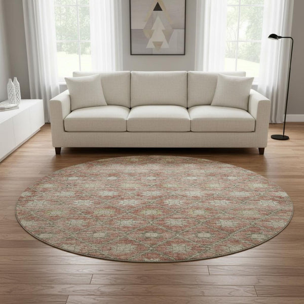 HomeRoots 8' Terra Cotta & Beige Geometric Round Rug - Washable, UV Protected, Durable for Homes & Outdoors 706046