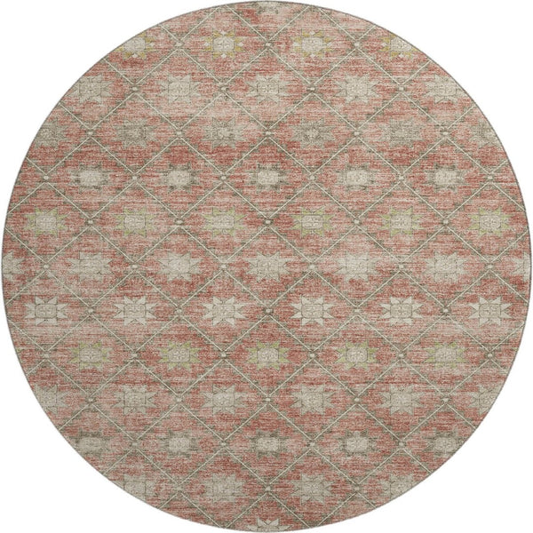 HomeRoots 8' Terra Cotta & Beige Geometric Round Rug - Washable, UV Protected, Durable for Homes & Outdoors 706046