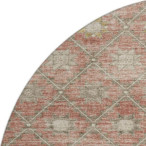 HomeRoots 8' Terra Cotta & Beige Geometric Round Rug - Washable, UV Protected, Durable for Homes & Outdoors 706046