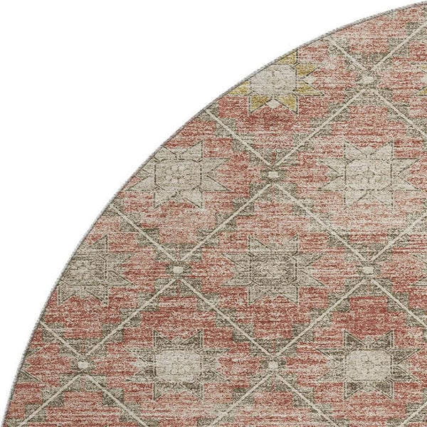 HomeRoots 8' Terra Cotta & Beige Geometric Round Rug - Washable, UV Protected, Durable for Homes & Outdoors 706046