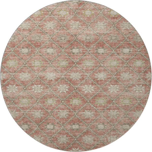 HomeRoots 8' Terra Cotta & Beige Geometric Round Rug - Washable, UV Protected, Durable for Homes & Outdoors 706046