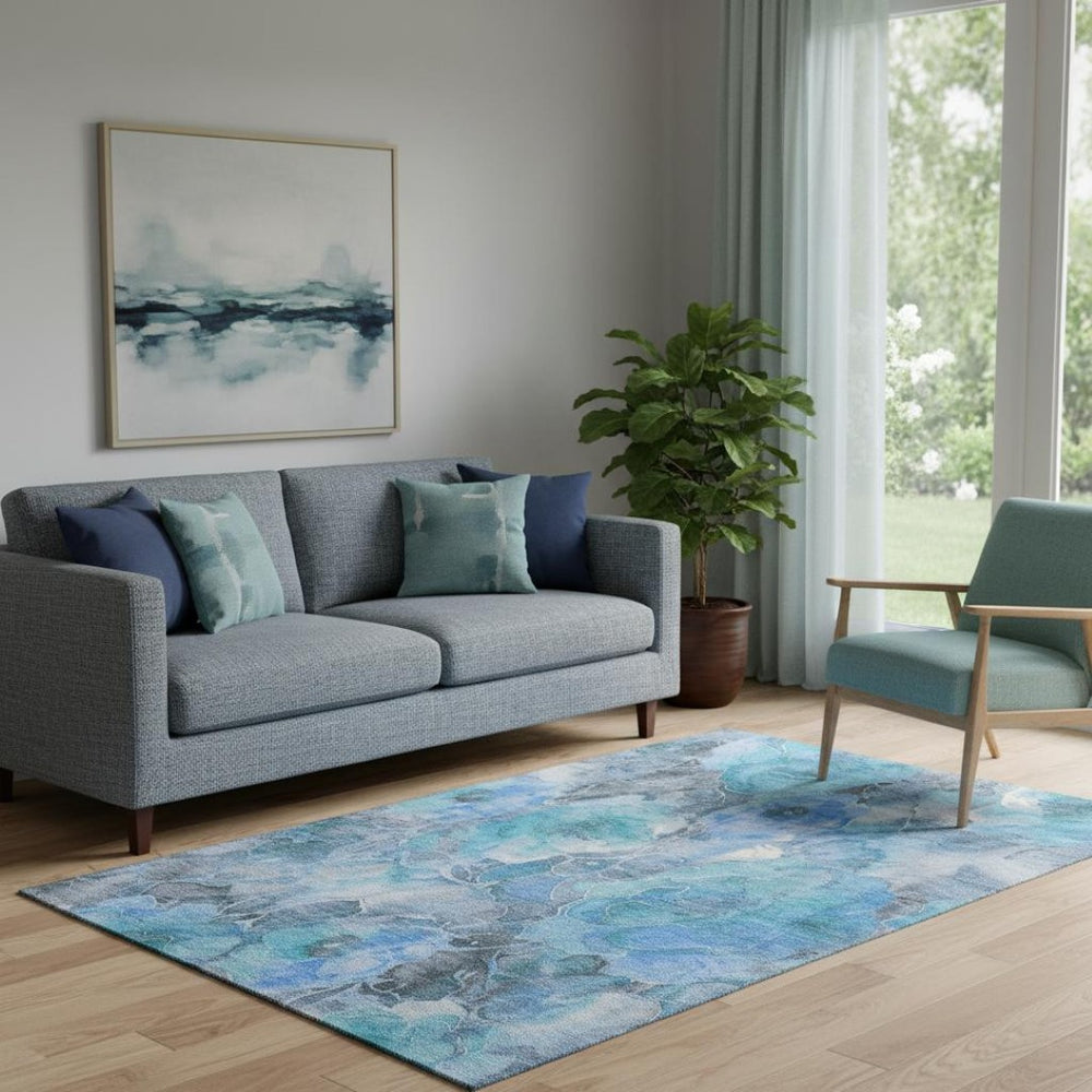 HomeRoots 5' X 8' Blue-Gray and Ivory Floral Washable Area Rug with UV Protection for High-Traffic Spaces 706051