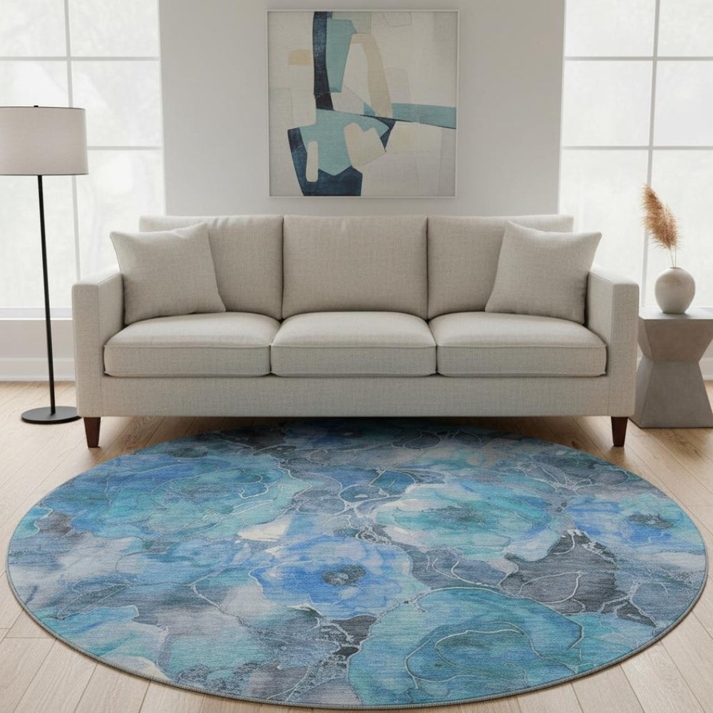 HomeRoots 8' Elegant Blue Gray & Ivory Floral Washable Round Rug with UV Protection for High-Traffic Areas 706052