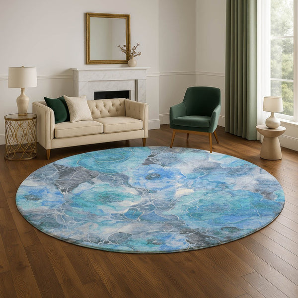 HomeRoots 8' Elegant Blue Gray & Ivory Floral Washable Round Rug with UV Protection for High-Traffic Areas 706052
