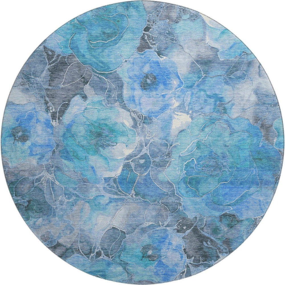 HomeRoots 8' Elegant Blue Gray & Ivory Floral Washable Round Rug with UV Protection for High-Traffic Areas 706052