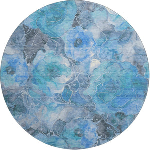 HomeRoots 8' Elegant Blue Gray & Ivory Floral Washable Round Rug with UV Protection for High-Traffic Areas 706052