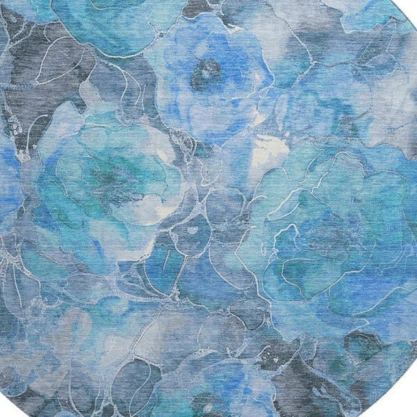 HomeRoots 8' Elegant Blue Gray & Ivory Floral Washable Round Rug with UV Protection for High-Traffic Areas 706052