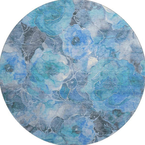 HomeRoots 8' Elegant Blue Gray & Ivory Floral Washable Round Rug with UV Protection for High-Traffic Areas 706052