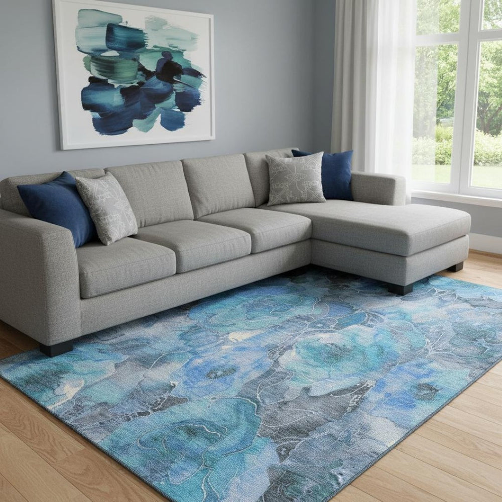 HomeRoots 8' X 10' Floral Washable Area Rug in Blue Gray & Ivory - Stain Resistant, UV Protected & Non-Slip 706053
