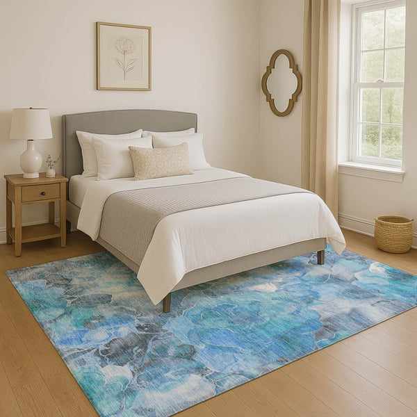 HomeRoots 8' X 10' Floral Washable Area Rug in Blue Gray & Ivory - Stain Resistant, UV Protected & Non-Slip 706053