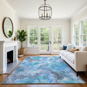 HomeRoots 8' X 10' Floral Washable Area Rug in Blue Gray & Ivory - Stain Resistant, UV Protected & Non-Slip 706053