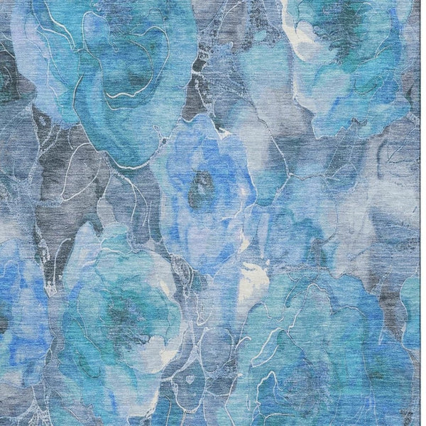 HomeRoots 8' X 10' Floral Washable Area Rug in Blue Gray & Ivory - Stain Resistant, UV Protected & Non-Slip 706053