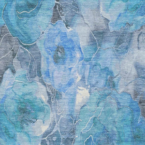 HomeRoots 9' X 12' Floral Washable Area Rug in Blue Gray & Ivory – UV Protected, Stain Resistant, Durable Design 706054