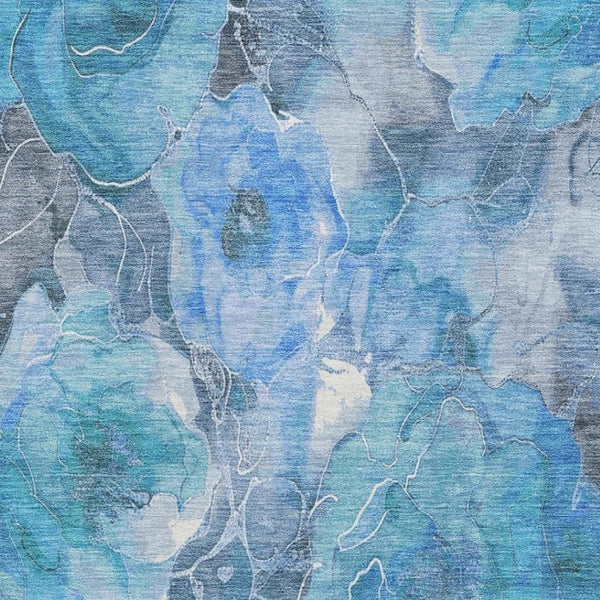 HomeRoots 9' X 12' Floral Washable Area Rug in Blue Gray & Ivory – UV Protected, Stain Resistant, Durable Design 706054