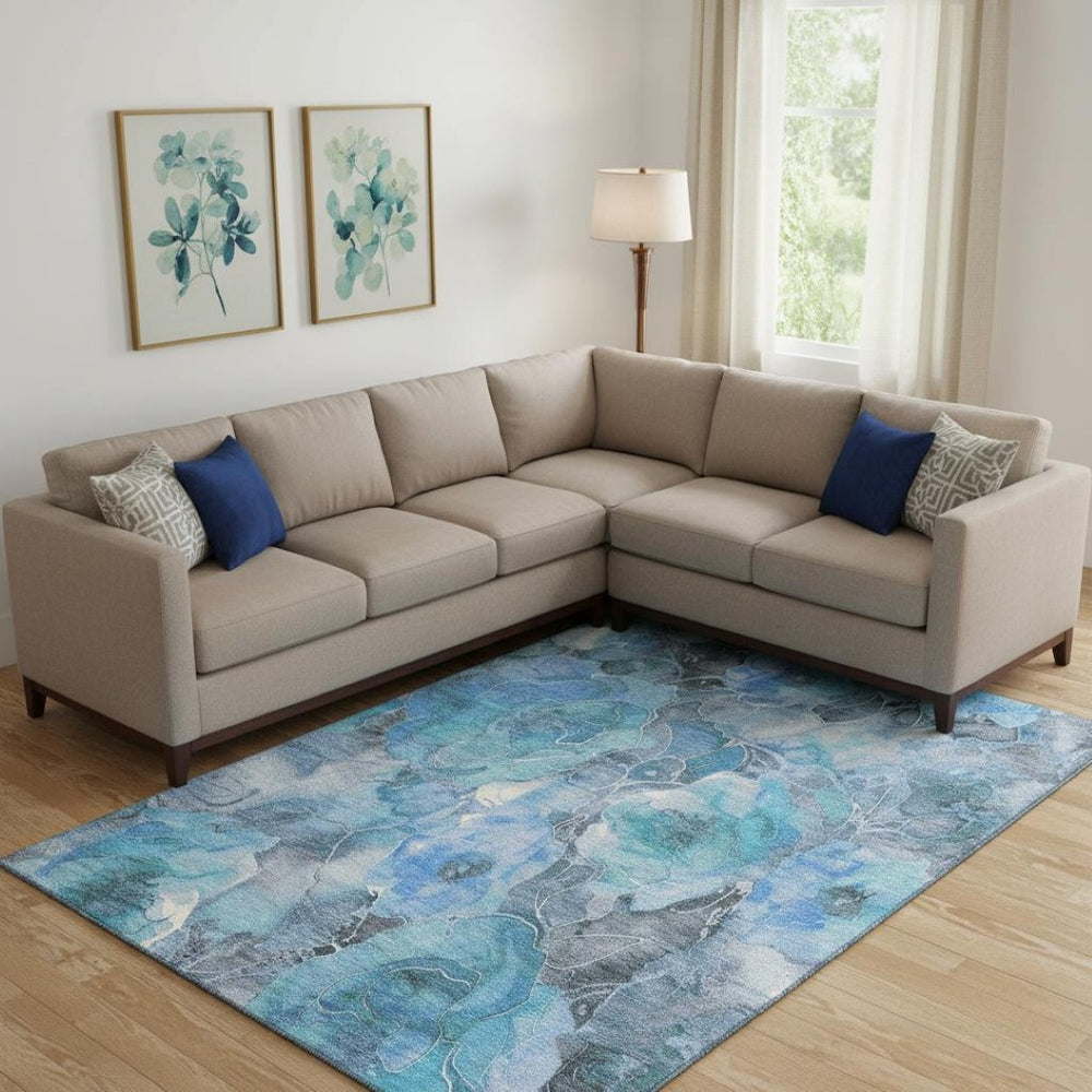 HomeRoots 10' X 14' Blue Gray Floral Area Rug - Washable, UV Protected, Durable, Perfect for Homes with Kids & Pets 706055