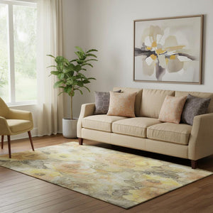 HomeRoots 5' X 8' Floral Area Rug in Gold, Gray & Beige - Washable, UV Protected, Stain Resistant, Durable Design 706057