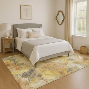 HomeRoots 5' X 8' Floral Area Rug in Gold, Gray & Beige - Washable, UV Protected, Stain Resistant, Durable Design 706057